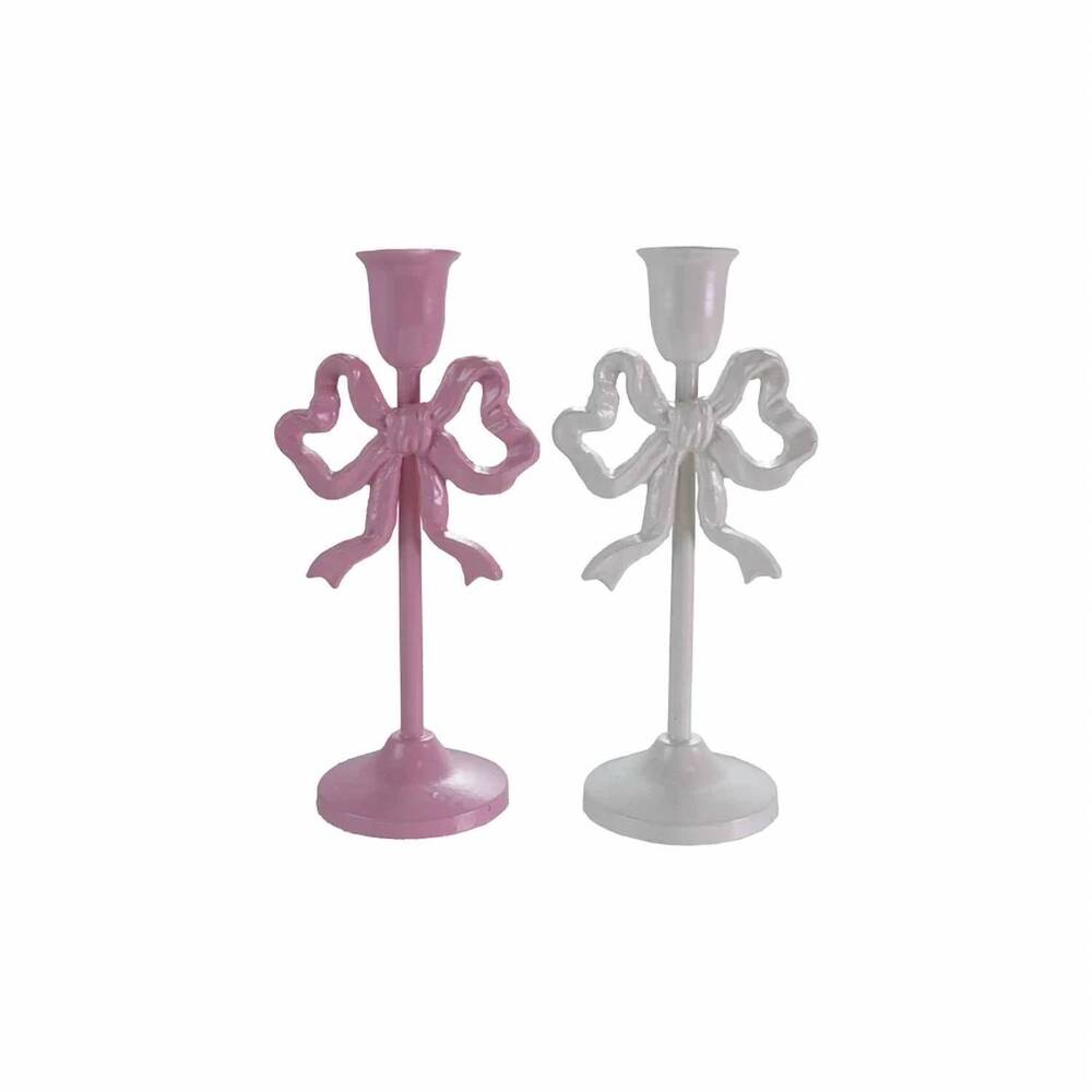 NEW CREATIVE CO-OP metal bow candleholder in pink white